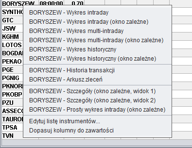 MENU PRODRECZNE TABELI
